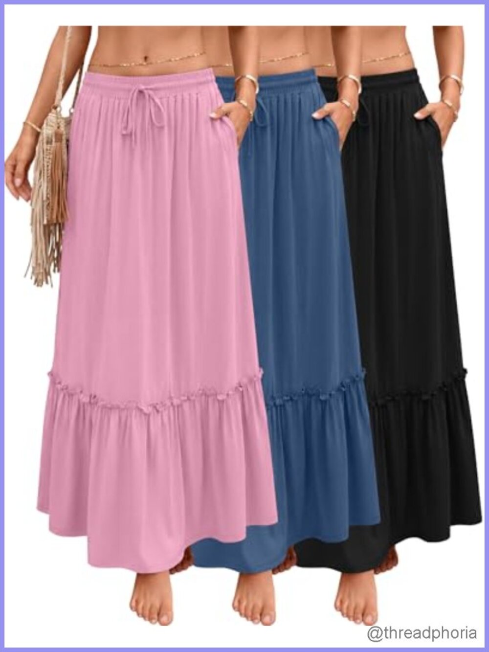 Boho Maxi Skirt Set Tiered Ruffle A-Line Drawstring Pockets